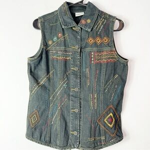 Chico’s Denim Vest Size 0 Embroidered Embellished Button Up Dark Blue